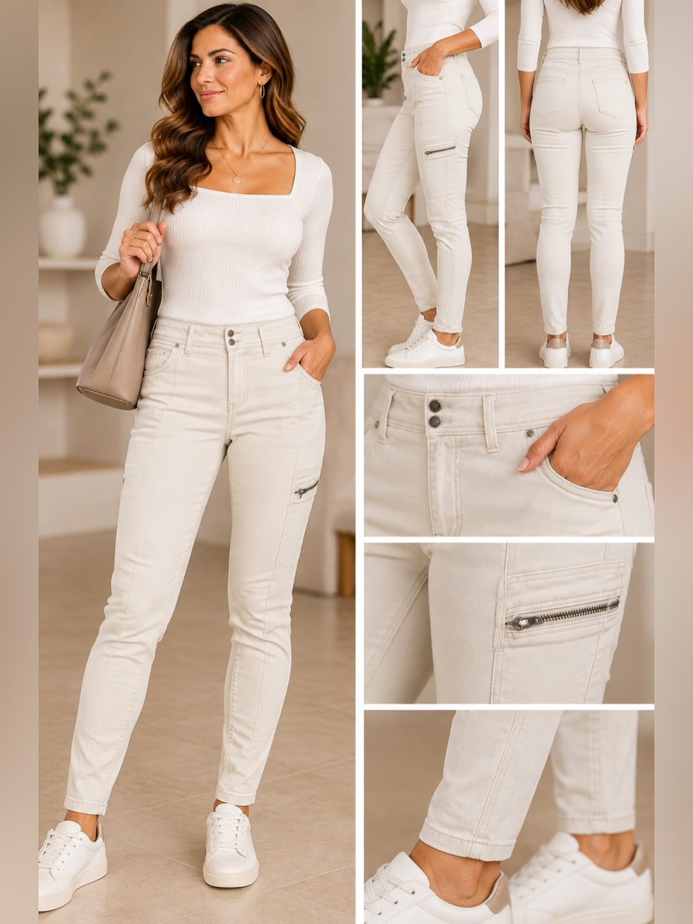 SKINN Light Beige Skinny Zip-Pocket Pants